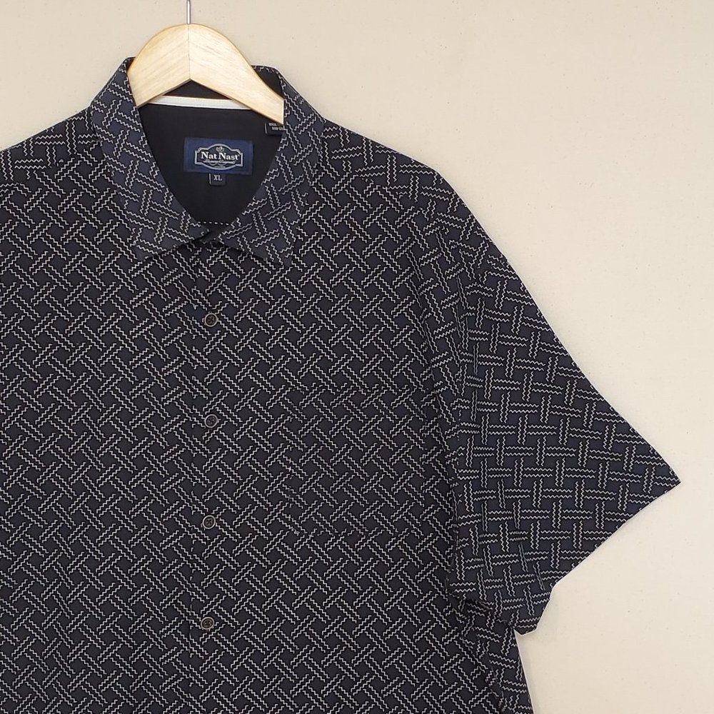 Nast Mens Silk Cotton Blend Button Down Geometric Print S/S Button Down XL